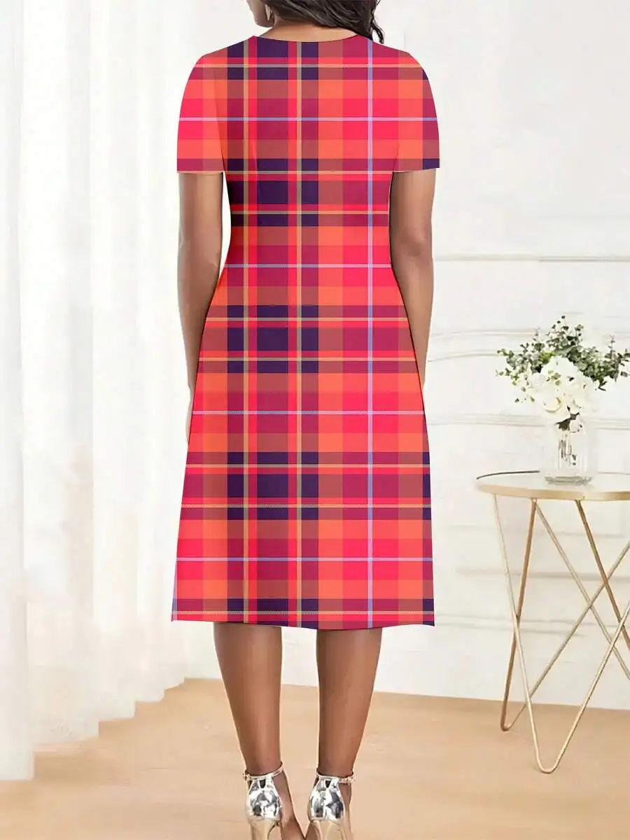 

Women Plaid Midi Dress Short Sleeve Round Neck Casual Summer Office Party Dress