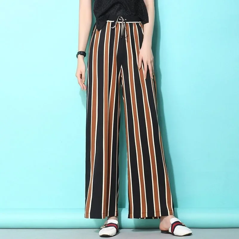 

Office Lady Straight Trousers Summer Thin Stripe Wide Leg Pants Women Oversize 3xl Fashion Elastic High Waist Baggy Pantalones