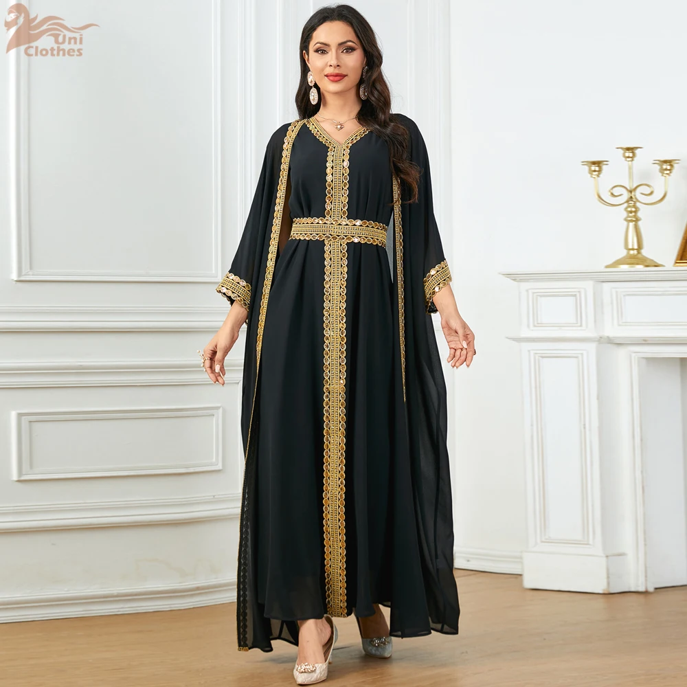 Vestido abaya de duas peças com lantejoulas e colete longo para mulheres muçulmanas, monocromático, decote em v, abaya, roupas islâmicas, roupas marroquinas, moda verão