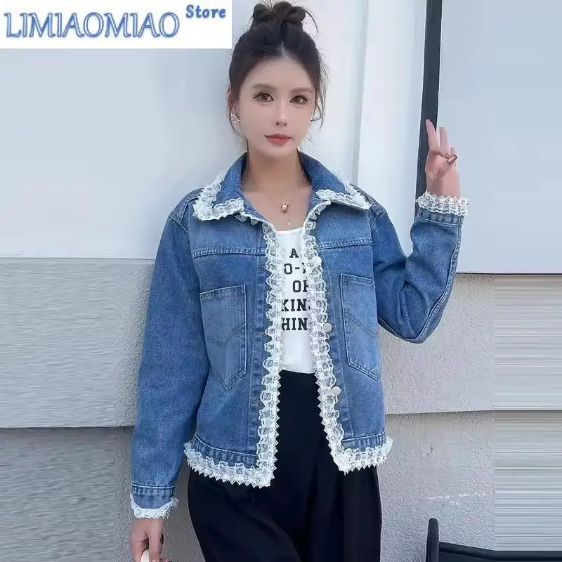 Spring Autumn Denim Jacket Women's New Design Sense Lace Stitching Cowboy Coat Ladies Loose Casual Short Jeans Outerwear