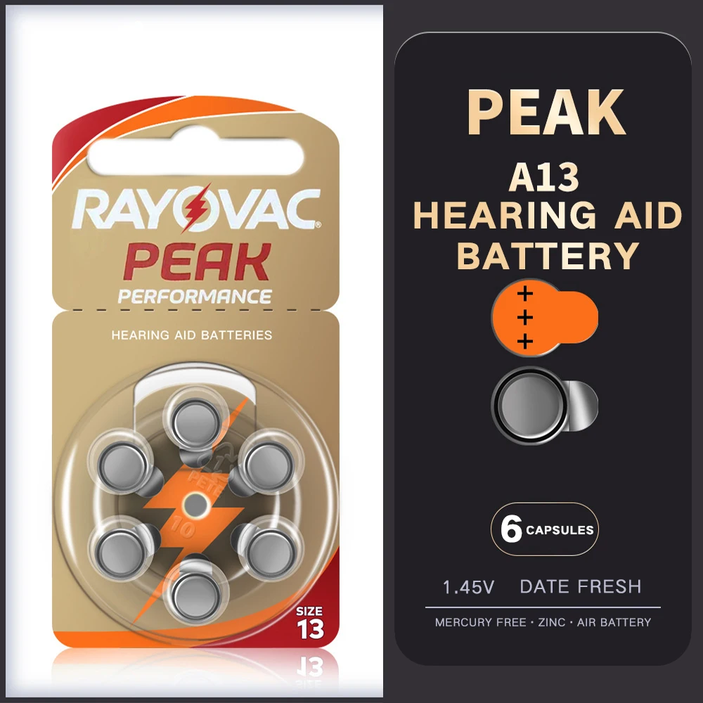 Rayovac Peak Hearing Aid batterie 60 PCS Zinc Air 1.45V A13 13A P13 PR48 per BTE RIC apparecchi acustici amplificatore audio Dropshipping