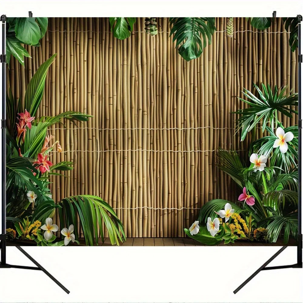 1 tropical bamboo wall background with palm leaves and hibiscus flowers - Hawaiian beach photography background - view 3