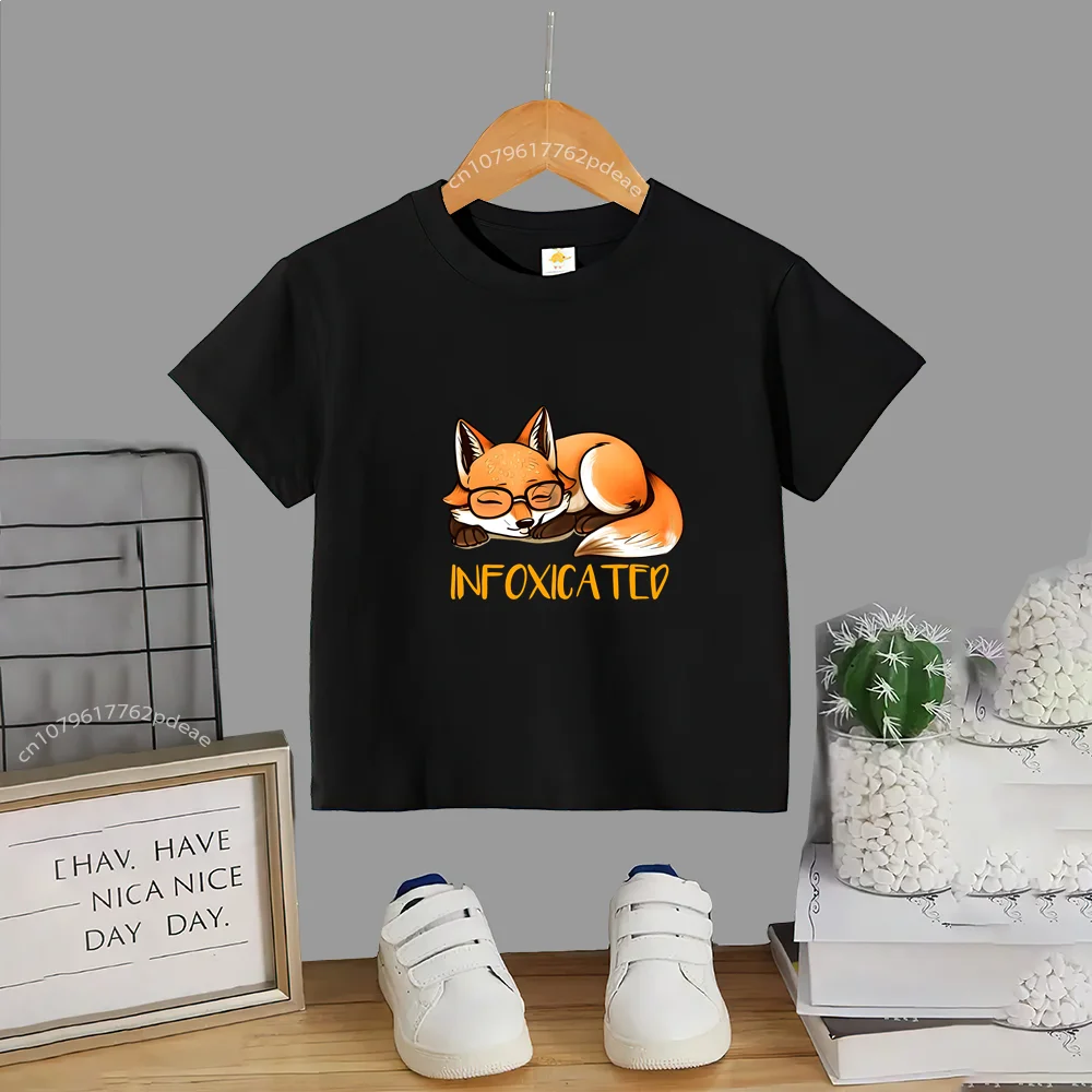 Kids Summer 100% Cotton T-shirt Lazy Little Fox Print Teen Casual Cotton T-shirt Boys Girls Comfortable short sleeve top