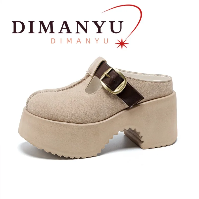 

DIMANYU Spring Women Slippers 9cm High Heel Season Platform Slip-On Genuine Leather Women Slippers Closed Toe Lazy Women Mules