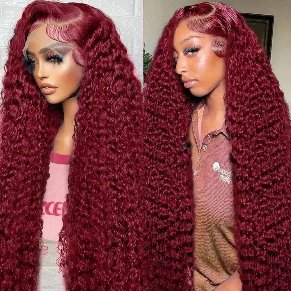 

40-дюймовый парик из натуральных волос 99J Burgundy Deep Wave с HD-кружевной передней частью 13x4, плотность 200%, прозрачный кружевной фронтальный парик 13x6 Deep Curly Wave
