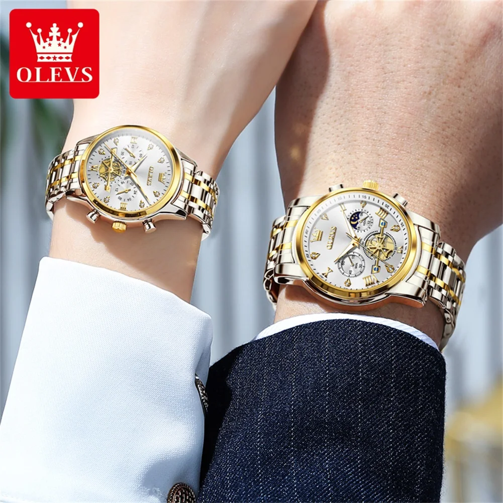 OLEVS Brand New Couple Luxury Chronograph Quartz Watch Stainless Steel Waterproof Luminous Fashion Couple Watch Men and Women