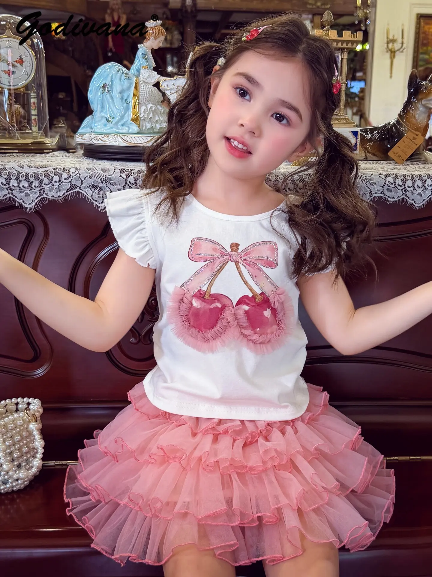 Sweet Baby Girls Short-sleeve T-shirt Summer 2026 New Kids Trendy Cartoon Print Racerback Top Undershirt and Tulle Cake Skirt