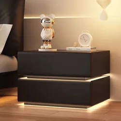 Creative Solid Wood 2 Drawers Bedside Table Faux Leather Bedroom Nightstand with Sensor Light Modern Style Storage Cabinet