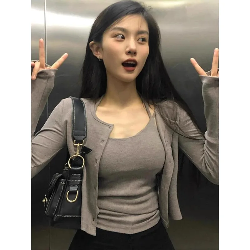 

Korean Style Short Strap Vest Set Women's Slimming Knitted Inner Wear Spring Season Casual Sportswear Purple Color