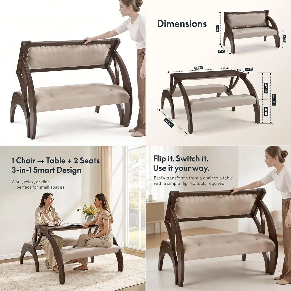 

3in1 Convertible Chair to Table with 2 Seats,Desk and Chair Set for 4, Upholstered Accent Chair with Solid Wood Frame, Easy Fli