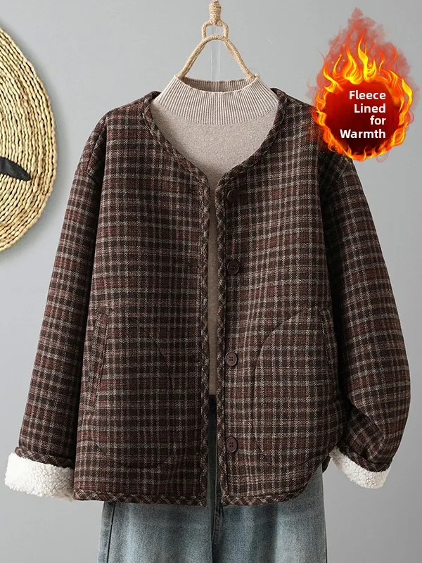 Faionable Artistic Fce Lined Woolen Coat Large Size Women's Double ket Long Sve round Ne Plaid Cotton Outerwear