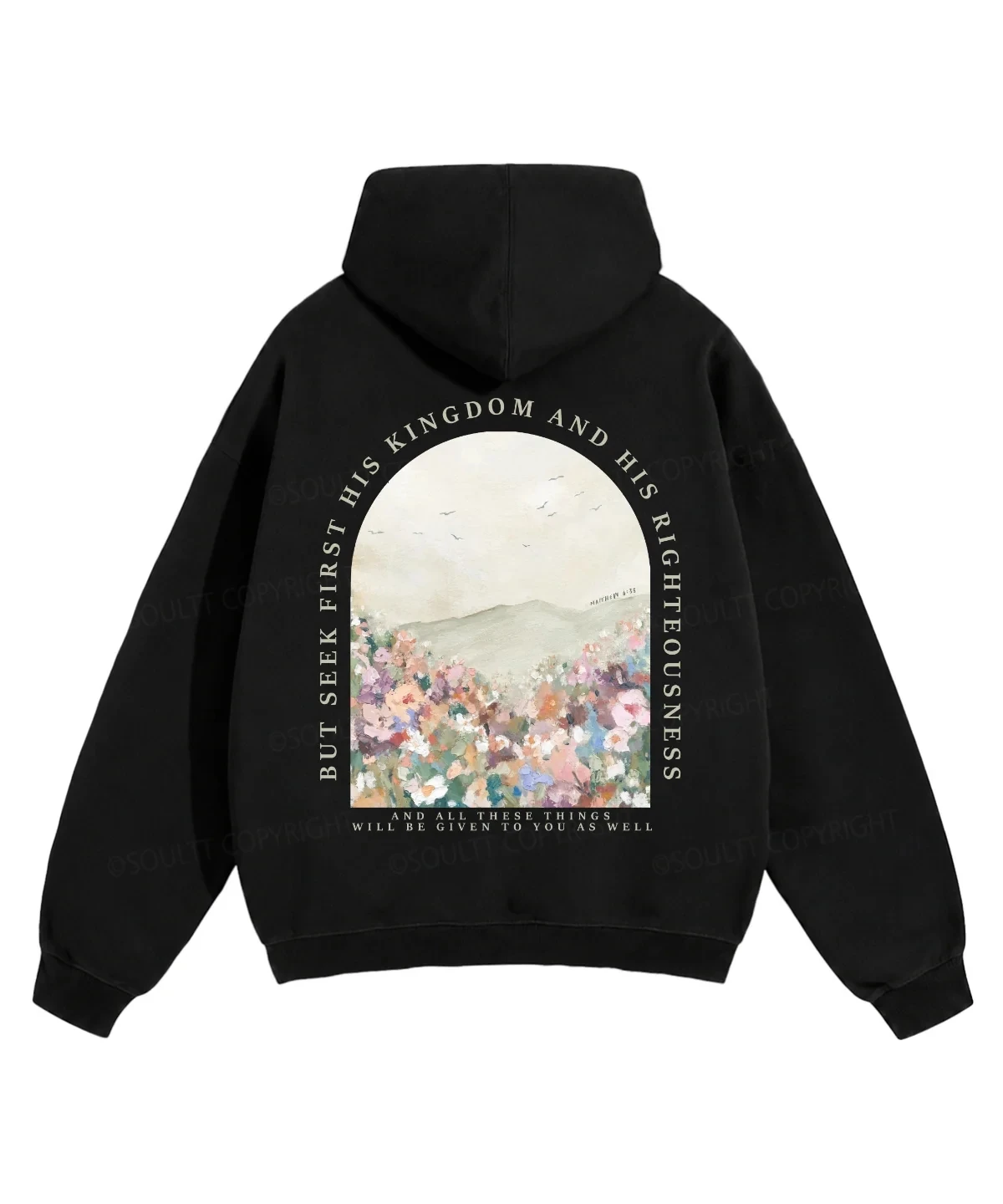 Vintage Christian Hoodie Front Floral Landscape Cross Print Kangaroo Pocket Drawstring Pullover For Men Women Loose Long Sleeve