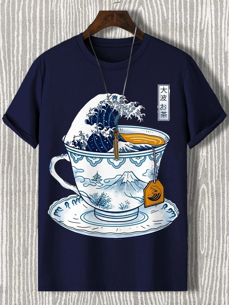 Teacup Graphic Men's T Shirt Japanese Art 3D Printed Casual Short Sleeve Tees Street Oversized Clothing Fashion Cartoon T-Shirts