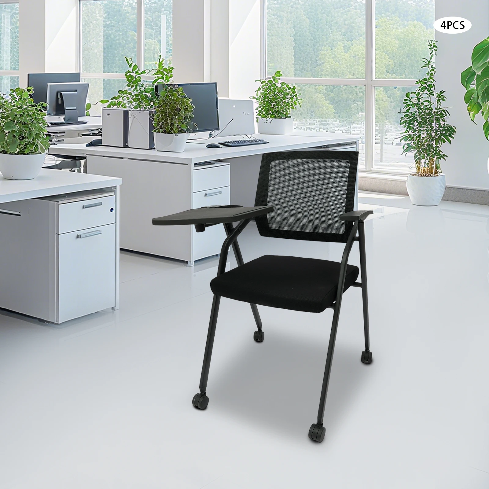 4-Pack كرسي غرفة الاجتماعات الأسود كرسي اجتماع مكتب قابل للطي مع مسند ظهر شبكي مقعد مبطن 440LBS تحميل عجلات PU للمنزل