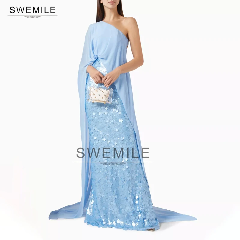 

SWEMILE Luxury Sequins Evening Dress for Women One-shoulder Cape Sleeves Formal Occasion Prom Gowns Vestidos De Noche Customized