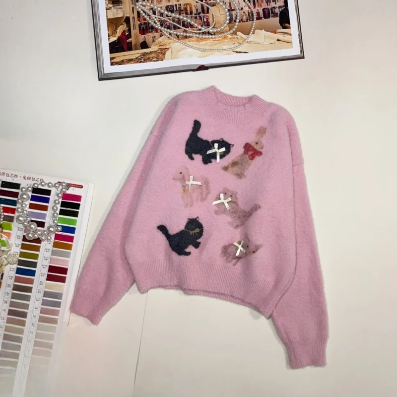 2024 Autumn New Fashion Top Coat Three-dimensional Bow Cartoon Cat Printing and Dyeing Soft Comfortable Pullover Knitted Sweater