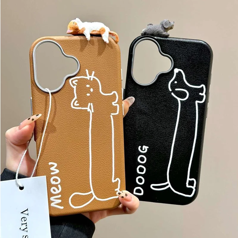 So Cute Cat Dog Toy Lie On Leather Style Soft Phone Case for Samsung Galaxy S25 S24 Ultra S23 Plus S22 S21 S20 FE S10 M14 M34 54