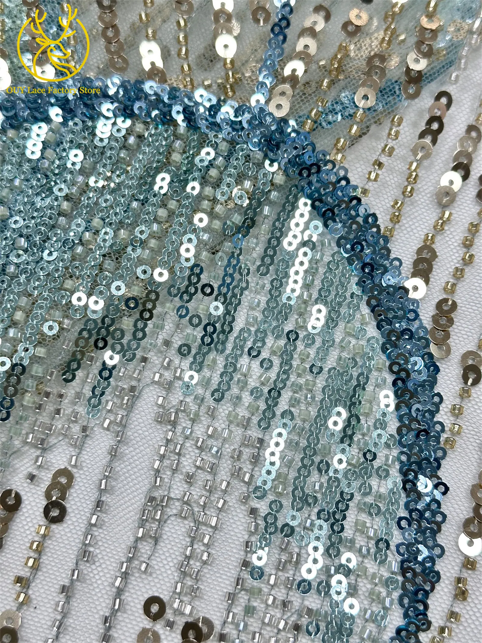 5 Yards afrikanischer Perlen-Pailletten-Spitzenstoff, hochwertiger, exquisiter nigerianischer Tüll-Mesh-Spitzenstoff zum Nähen von Hochzeitskleidern – Detail 25