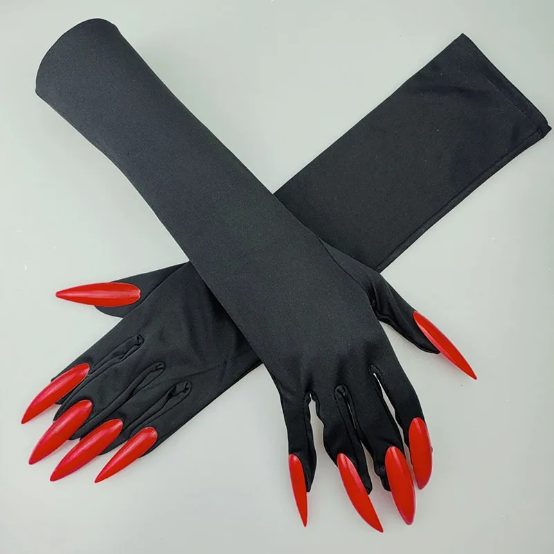 40CM Cosplay Black Elastic Satin Stage Performance Women Long Mitten Halloween Makeup Ball Witch Red Nail Ghost Demon Paw Gloves