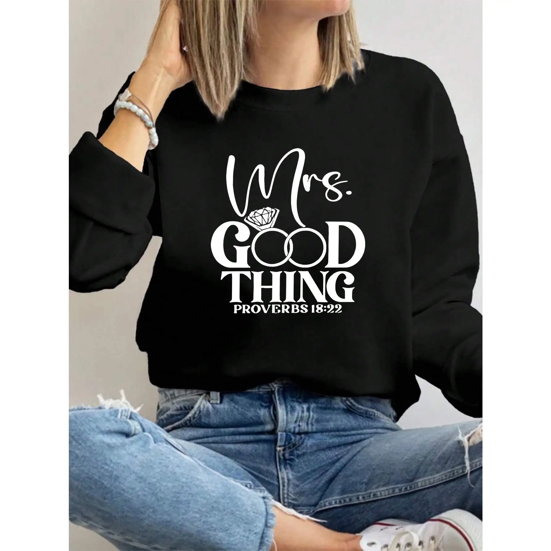 

Christian Wife Sweatshirt Women's "Mrs. Good Thing" Graphic Pullover Religious Proverbs 18:22 Wedding Gift Cotton Top