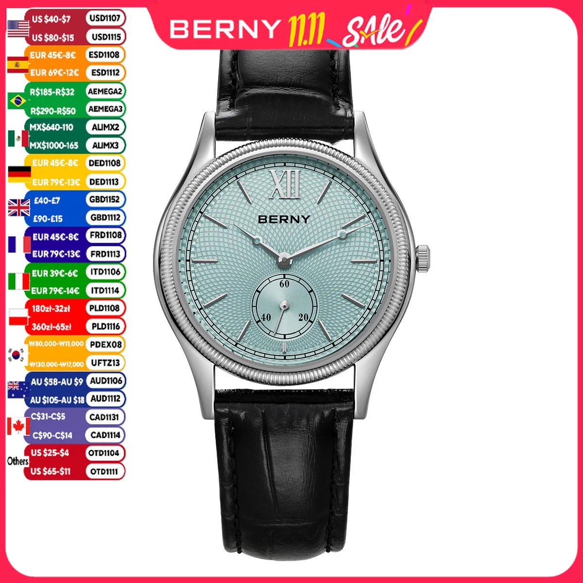 BERNY Men's Watches Slim Luxury Classic Stylish Dress Quartz Watch Fashion Elegance Leather Band Wristwatch