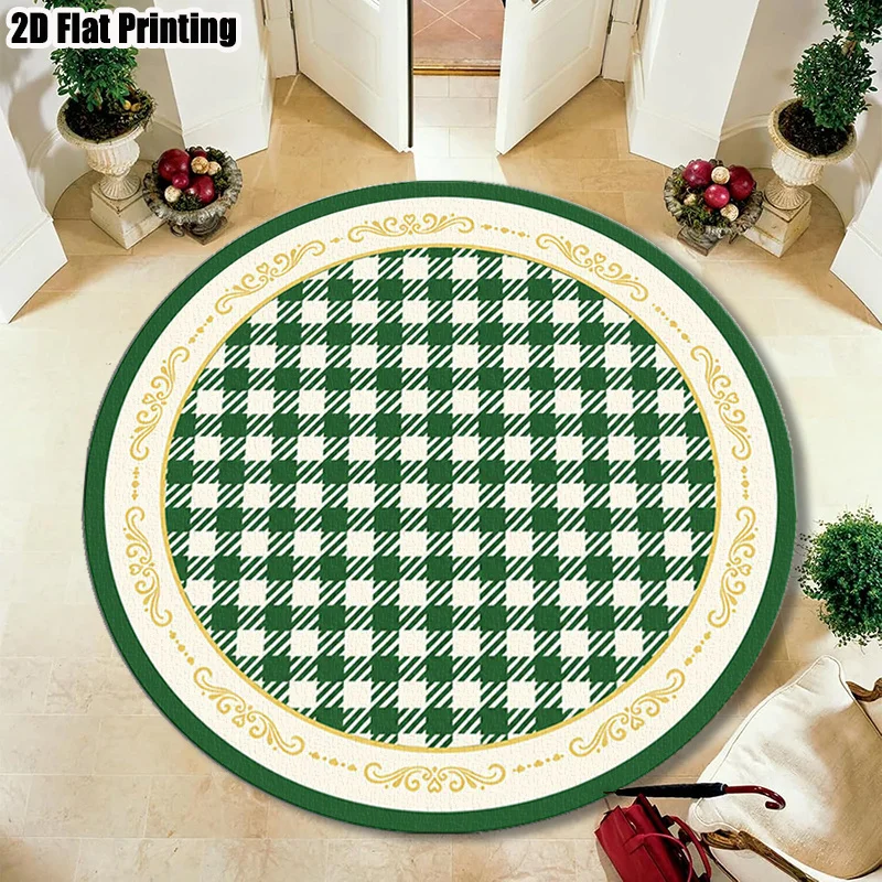 Retro Green Round Area Rug Chic Houndstooth Check Circle Carpet Washable Non Slip Elegant Entryway Dining Room Floor Decor