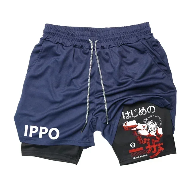 Anime IPPO Print 2 in 1 Compression Shorts for Men Athletic Performance Gym Shorts with Pockets Quick Dry Fitness Workout Boxing