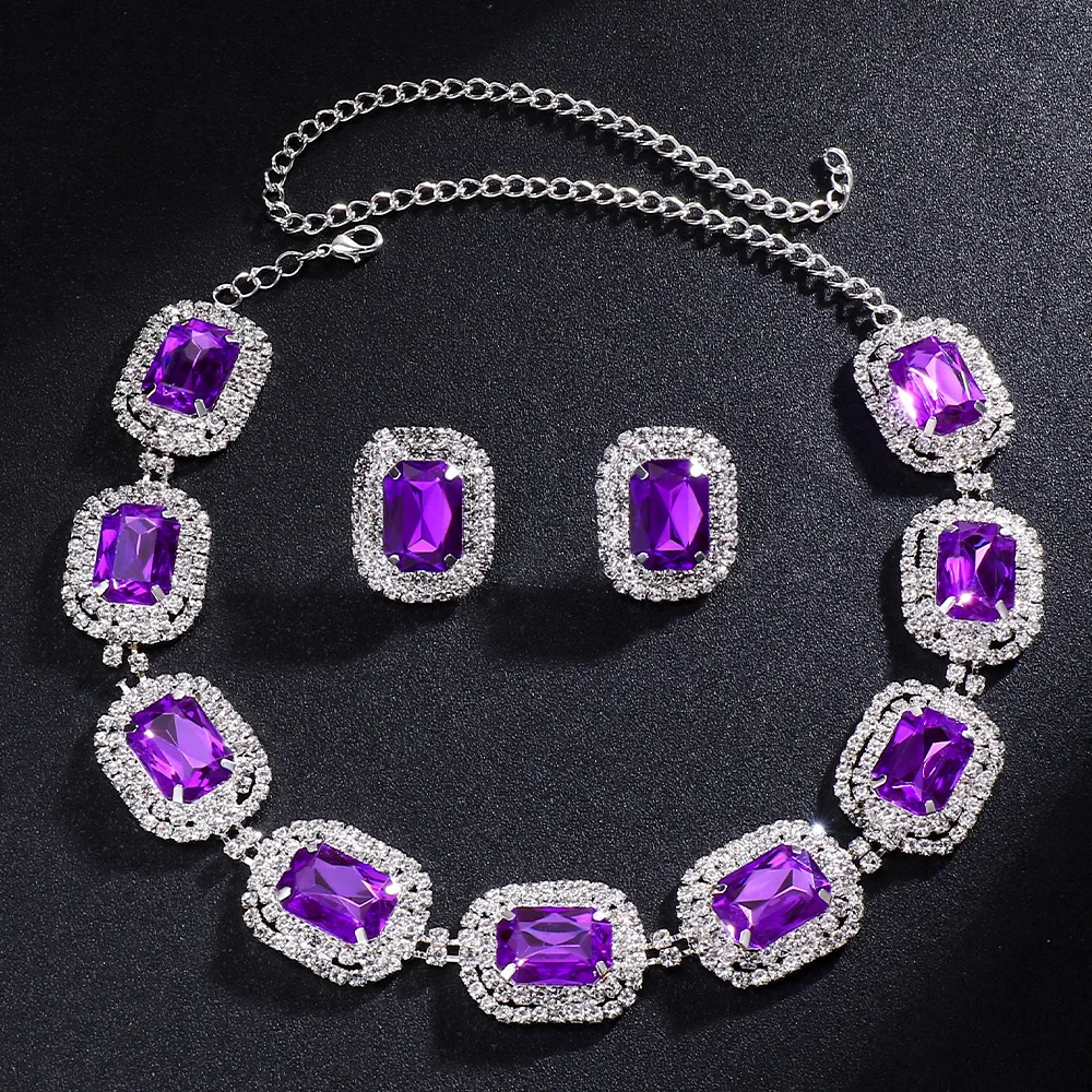 Stonefans Rhinestone Purple Necklace Earrings Set Elegant Bride Wedding Vintage Bridal Jewelry High Quality Accessories Women