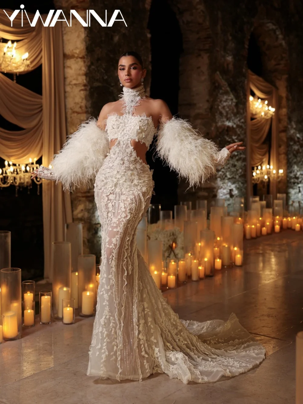 

New Attractive 3D Floral Wedding Dress Feathered Luxury Beaded Bridal Gown Customized Illusion Mermaid Long Dresses For Bride