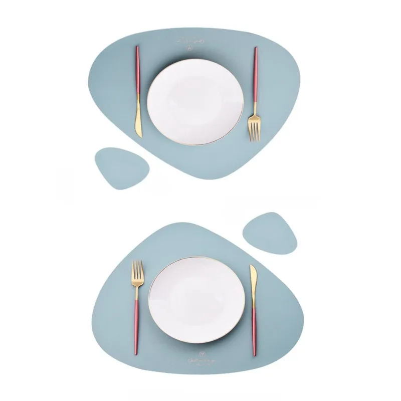 

2Sets Blue Shaped PU Faux Leather Placemats And Coasters Set Luxury Kitchen Dining Tableware for Cafe And Home Gift Table Mats