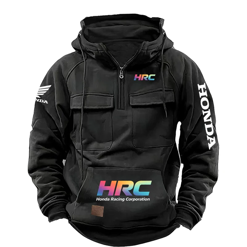 

2026 Honda logo multi-pocket hoodie, with wing designs on the sleeves, retro hooded sweater, for autumn and winter seasons.