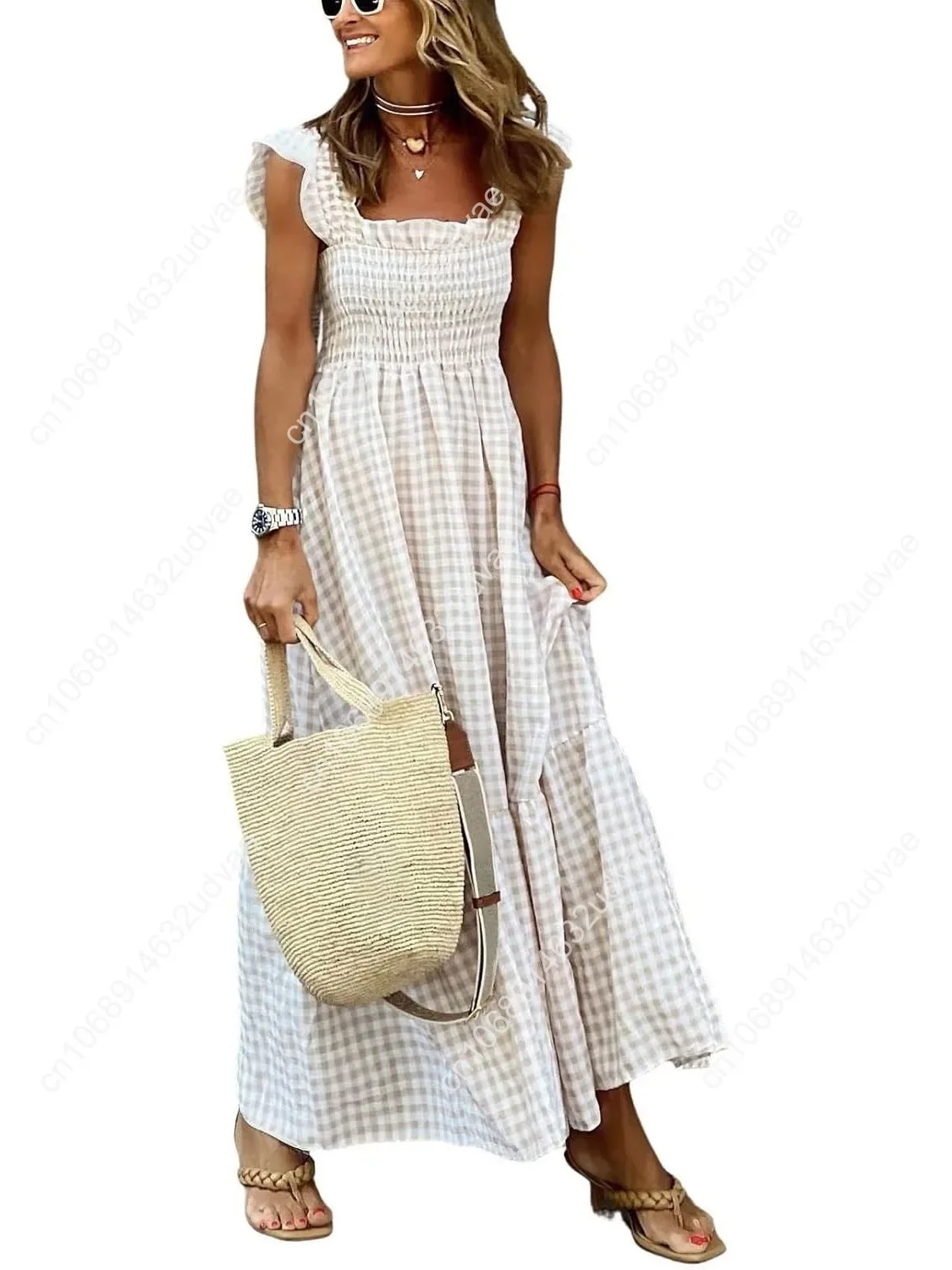 

Retro Plaid Smocked Dress Women's Spaghetti Strap Flounce Long Dress