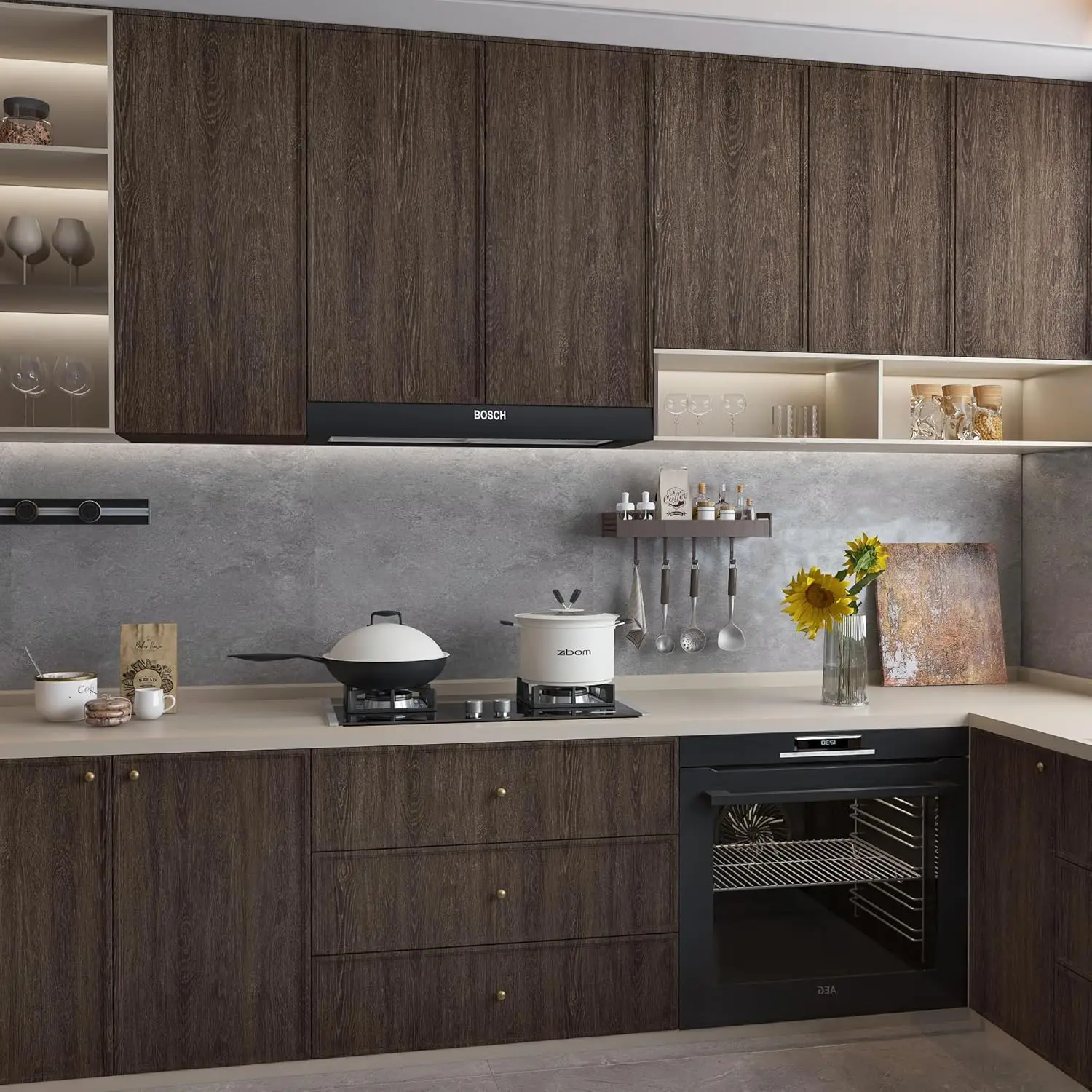 ورق جدران واسع جدًا من الخشب البني والشوكولاتة قابل للتقشير والالتصاق مع فتحة توجيه هوائية للأسطح الكبيرة