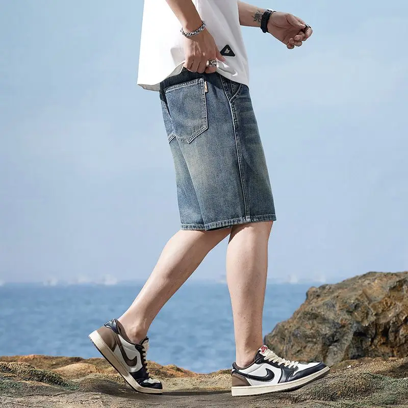 Летние винтажные джинсовые шорты, модные прямые повседневные свободные уличные джинсы-бермуды, мужские короткие брюки, уличная мужская одежда