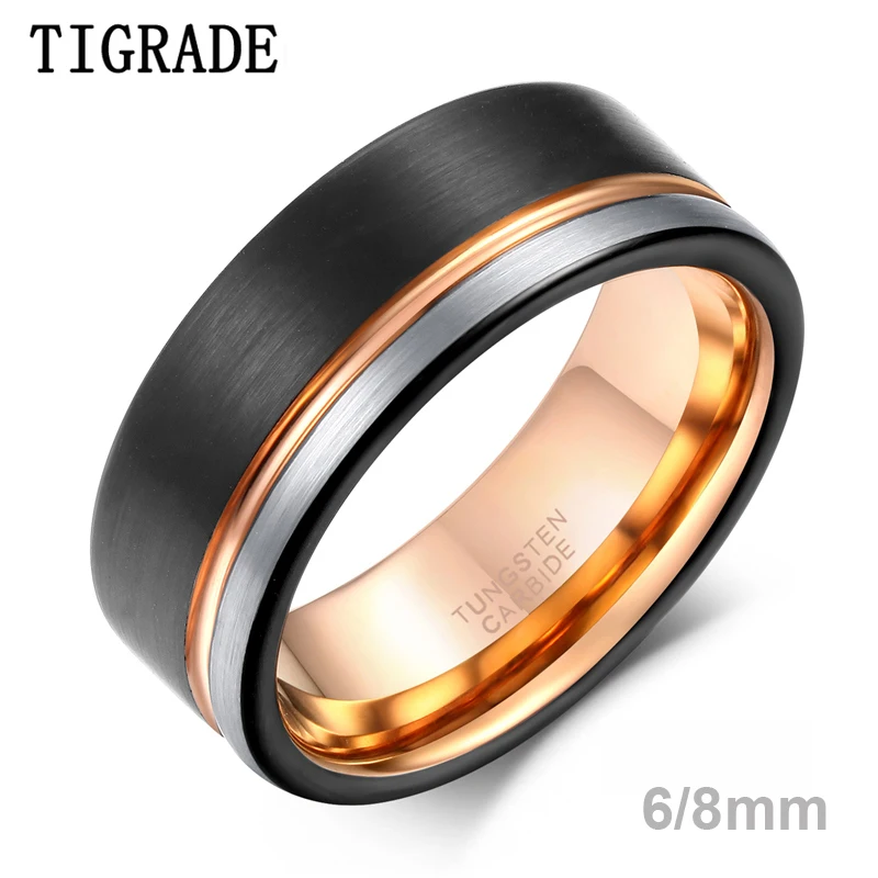 TIGRADE Men Tungsten Ring Black Rose Gold Line Brushed 6/8mm Wedding Band Engagement Rings Men\'s Party Trendy Bague Homme