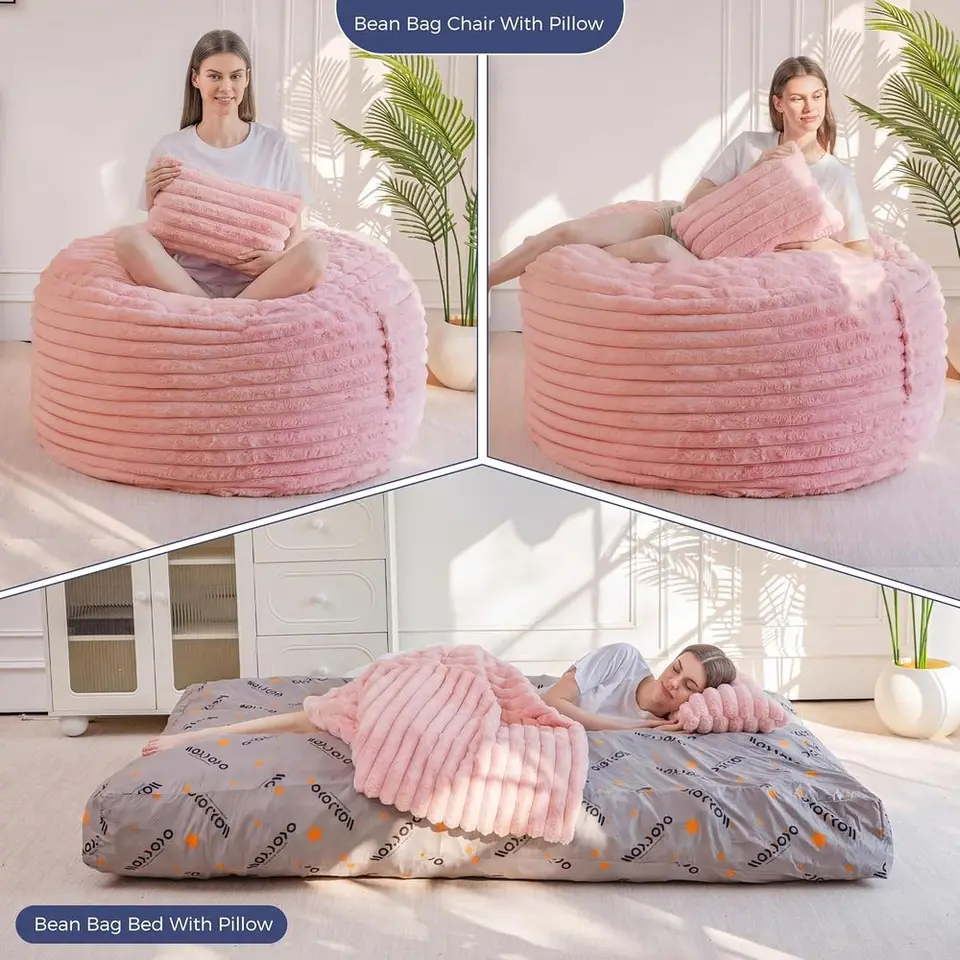 Convertible Pink Bean Bag Chair Bed with Pillow