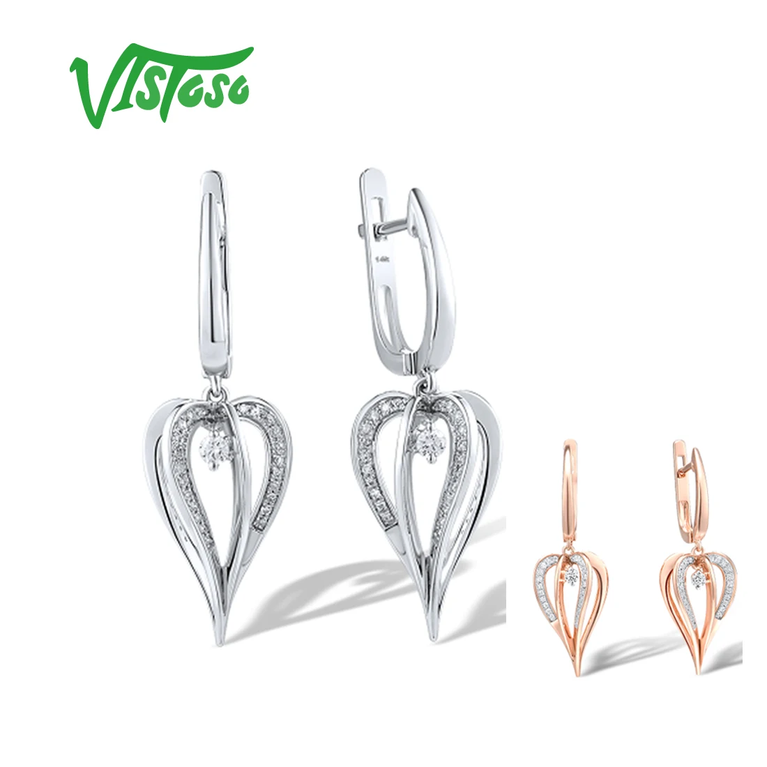 

VISTOSO Gold Earrings For Women 14K 585 Rose White Gold Sparkling Diamond Heart Dangling Earrings Elegant Delicate Fine Jewelry