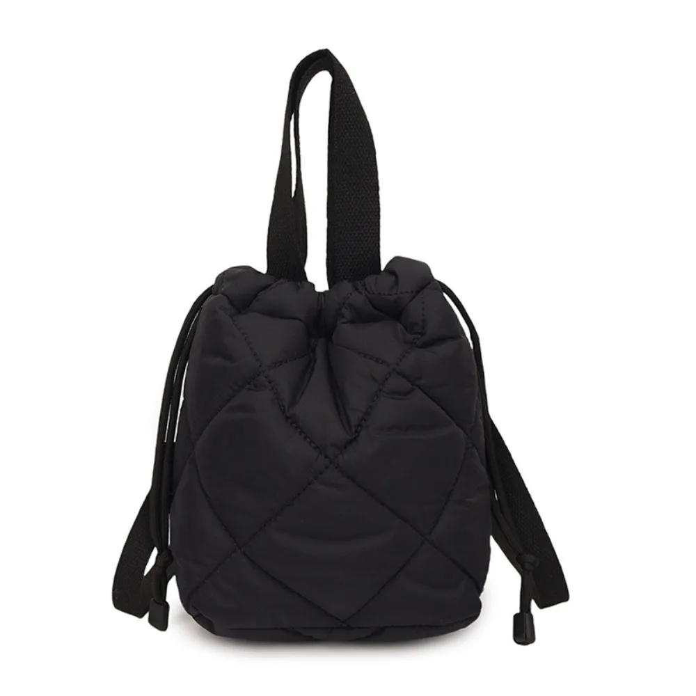 

Elegant Drawstring Bucket Bag Solid Color Grid Pattern Nylon Shoulder Bag Large Capacity Handbag Down Crossbody Bag Student