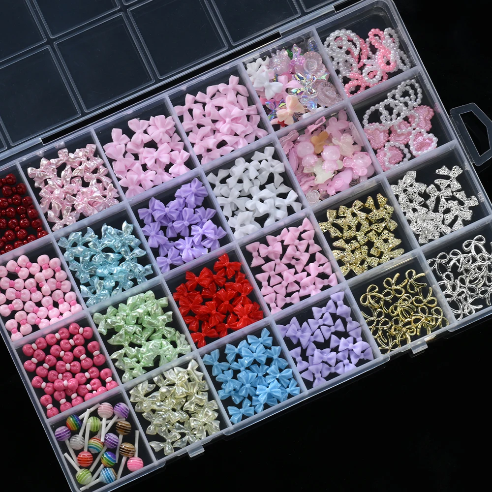 12/24Grids 3D Resin Bowknot/Ribbon Nail Charms Mixed Alloy Bow,Pearl Heart/Moon/Lollipop Nail Art Decorations Manicure Accessory