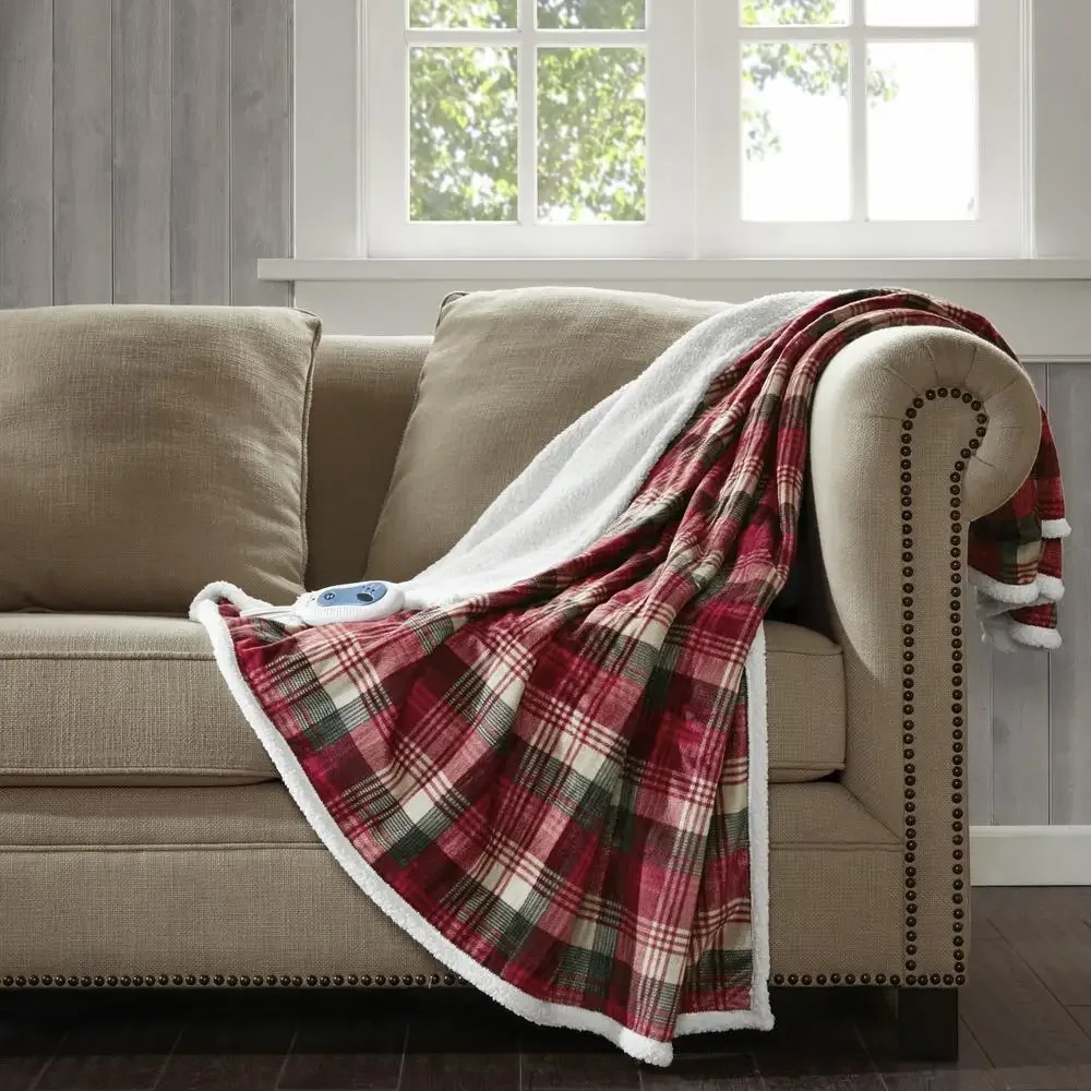 

Oversized Mink to Berber Heated Throw 60x70" Red Secure Comfort Technology Ultra Soft Plush Fabric 3 Heat Settings Machine