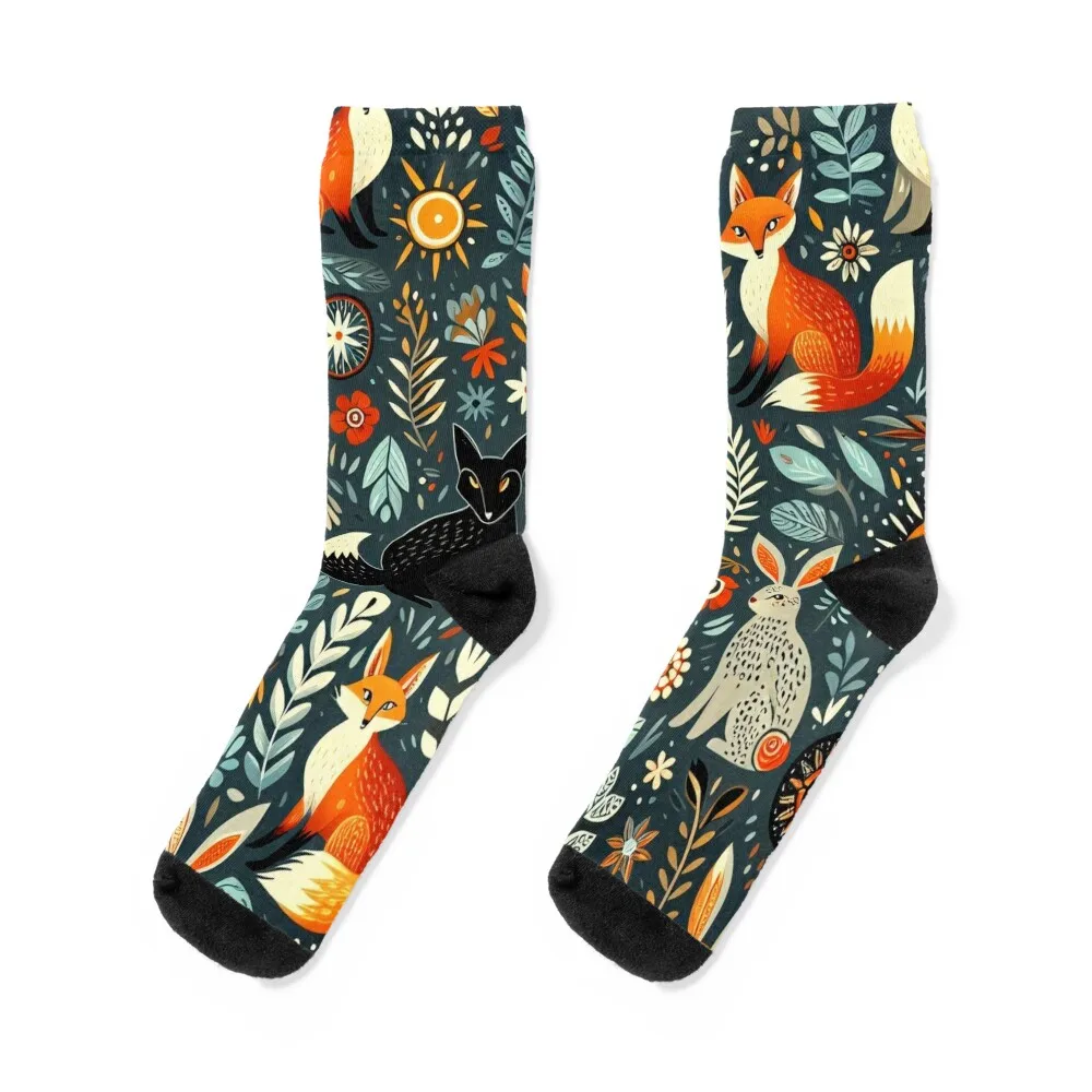 Scandinavian Folk Art Black Fox pattern in dark green by heidiannemorris Socks cotton japanese fashion Socks For Girls Men's