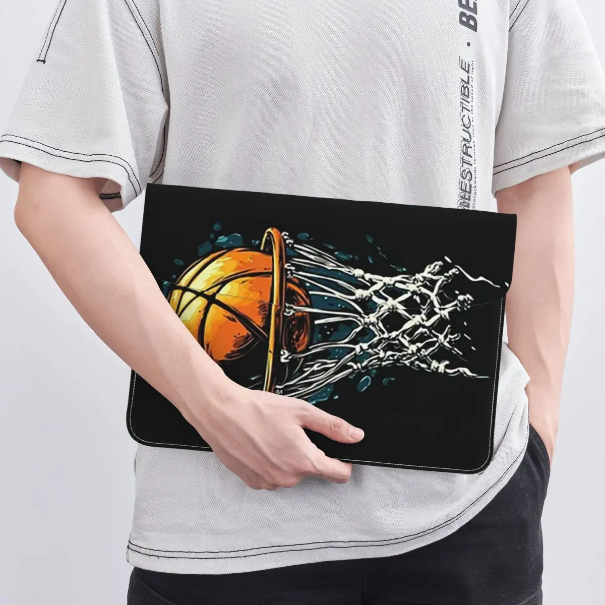 Sporty Basketball Themed PU Leather Horizontal Laptop Sleeve Shockproof Soft Lining Notebook Case 13 Inch