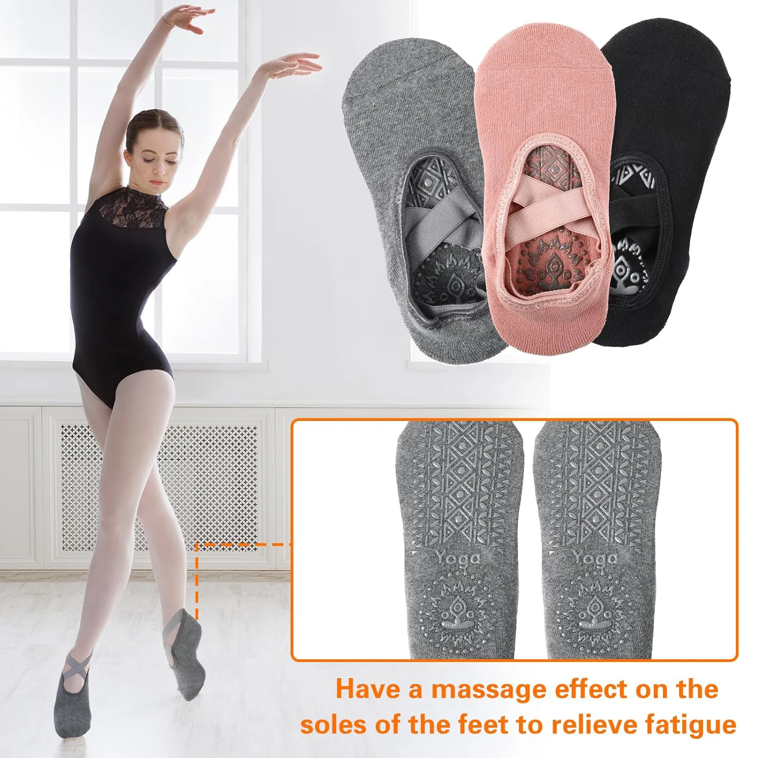 3 Pairs Yoga Socks for Women Non-Slip Barre Socks with Straps Ballet Dance Socks for Yoga Pilates Ballet Barre Dance image 3