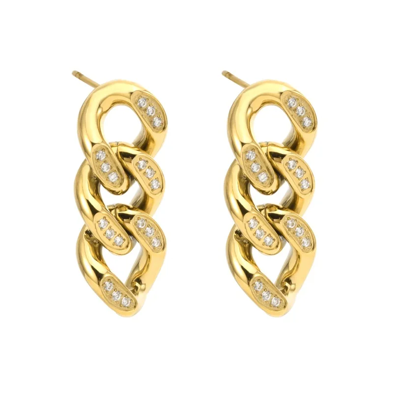 

2023 New Women Earrings HipHop Stainless Steel Cuban Chain Dangle Earrings For Men Gold Silver Black Color CZ Inlay