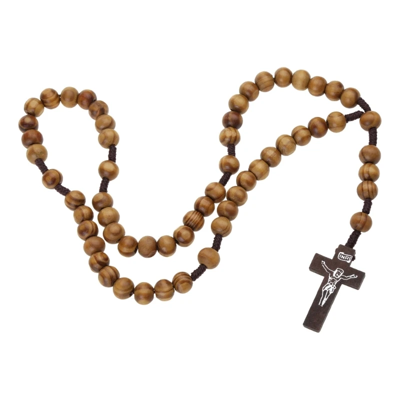 Religious Wooden Antique Cross Rosary Pendant Necklaces Beads Catholic Jesus Christ Rosary Necklace Men Women Jewelry