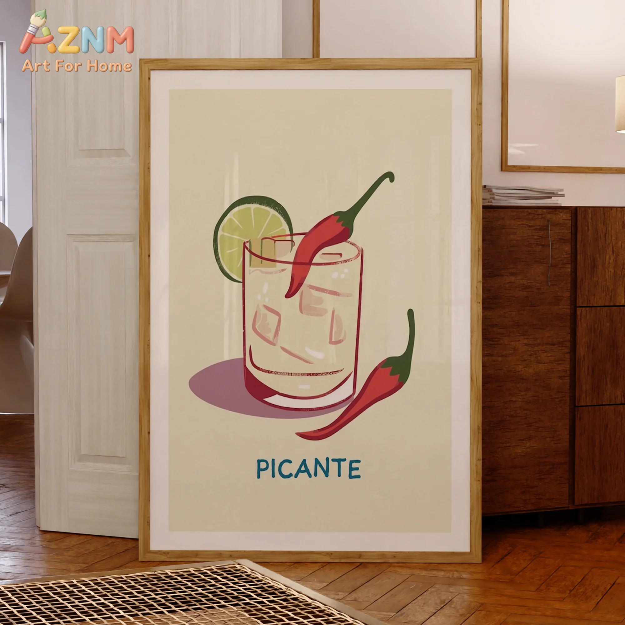 AZNM Retro Picante Chili Cocktail Canvas Wall Art Lime Spicy Drink Minimalist Vintage Bar Print Unframed Canvas Painting For Kit