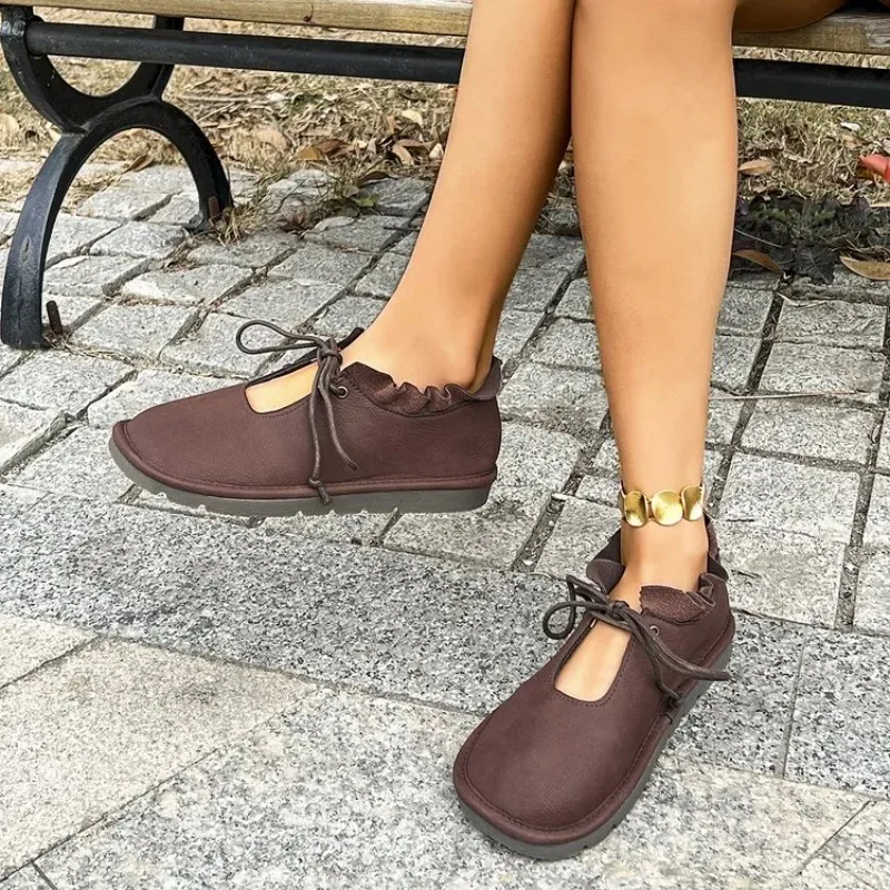 

2026 Ladies Shoes Lace Up Women's Flats Outdoor Casual Flats Women Round Toe Soft Bottom Hollow Plus Size Shoes Female