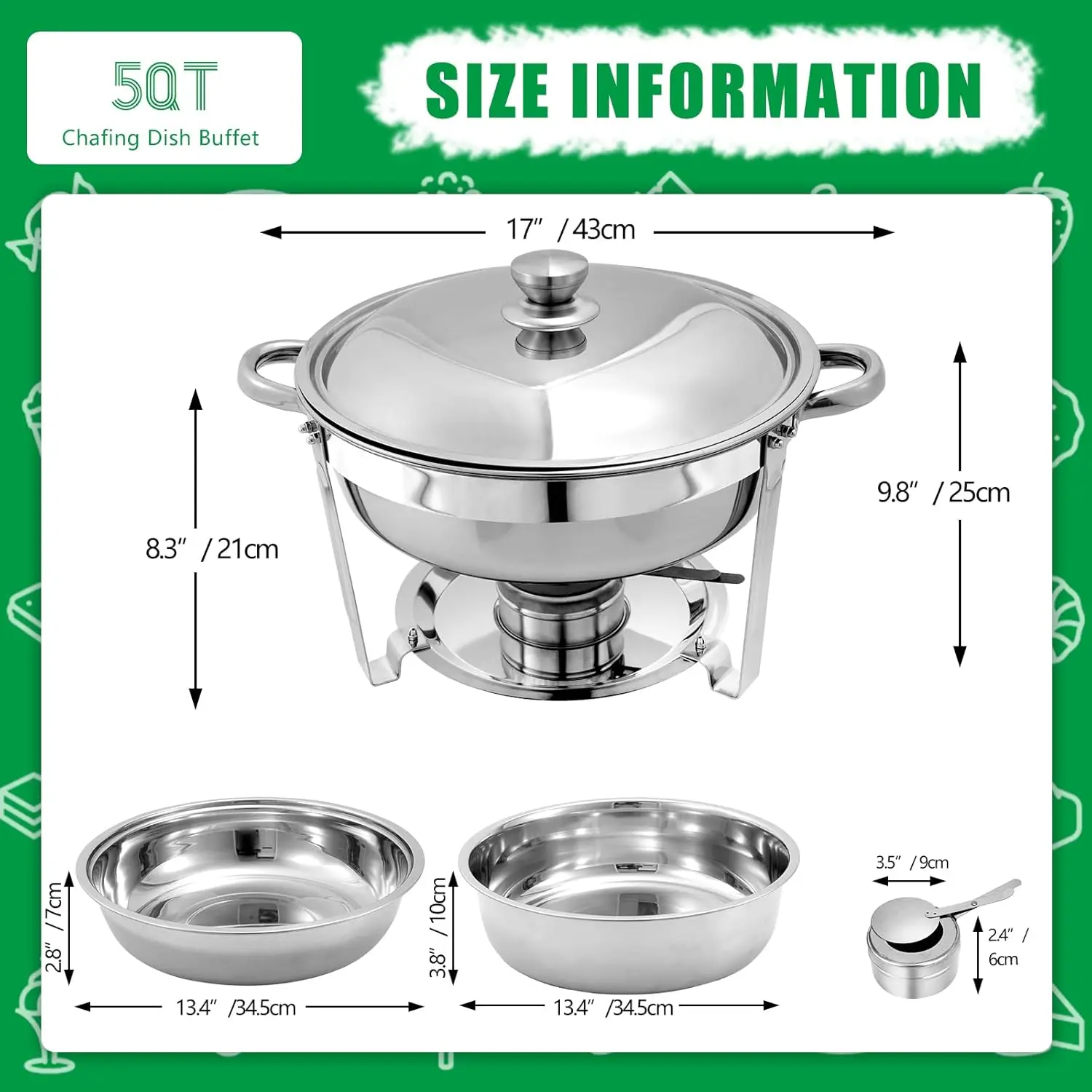 10 Pack Chafing Dish Buffet Set, Stainless Steel Catering Food Warmer For Banquet, Parties, Wedding (6 Packs 5Qt Pan + 2 Packs