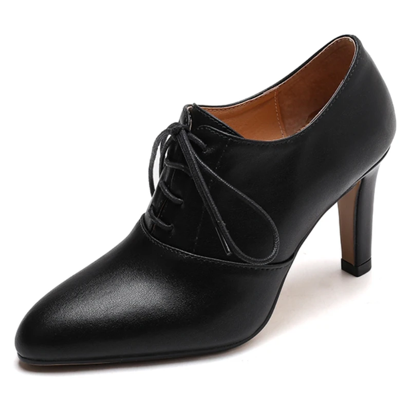Women's High Heels Pumps Shoes Big Size 46 Genuine Leather Elegant Lace-up  Black Beige Heeled Office Shoes Ladies 2025 Spring - AliExpress 322