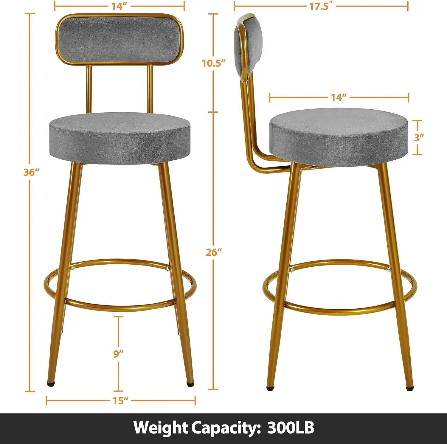 Counter Height Barstools 2PCS Velvet Bar Stool with Backrest & Footrest 26 inch Stool for Kitchen Counter, Dark Gray